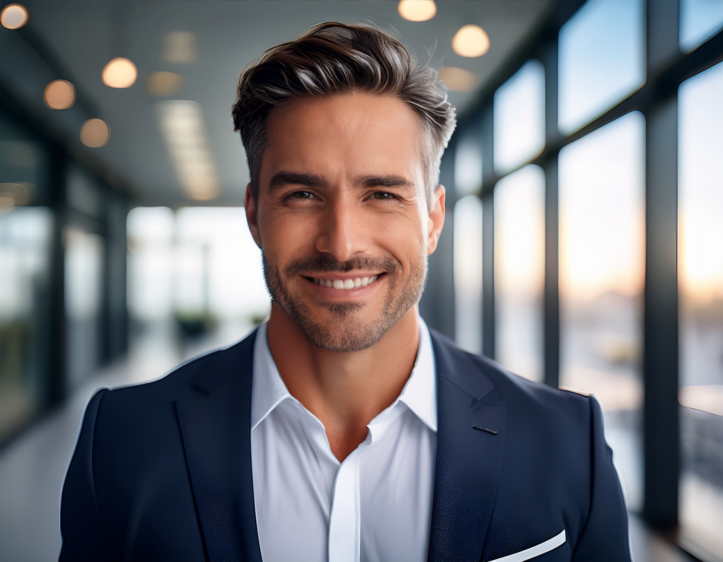 Person mit freundlichem Gesichtsausdruck, formelle Kleidung